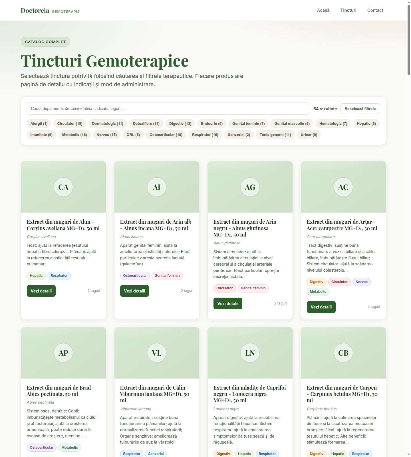 Captură catalog tincturi Doctorela.ro